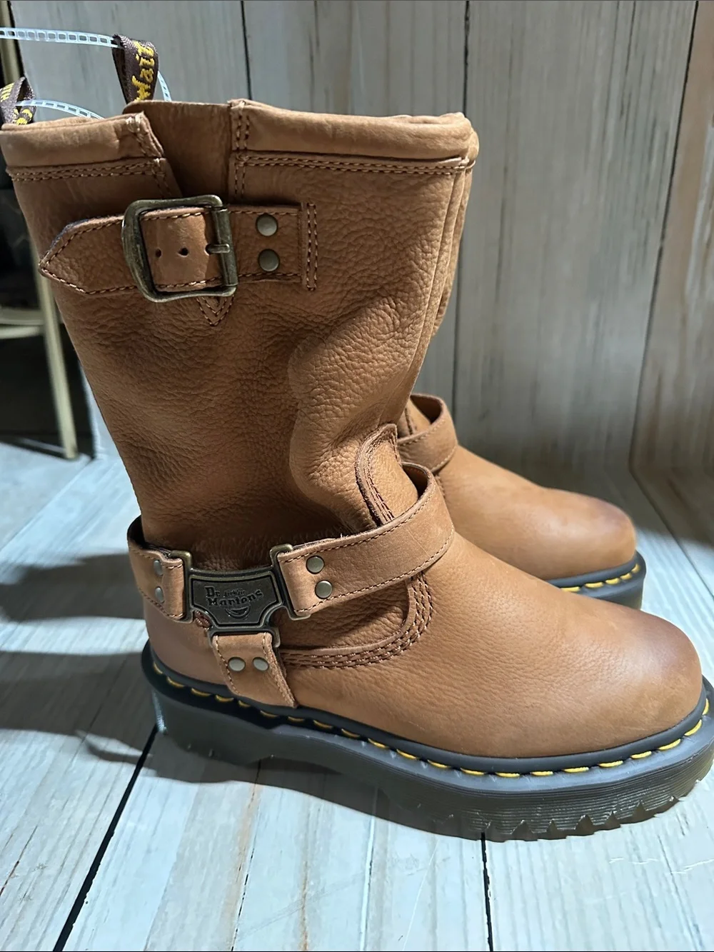Dr. Martens Brown Leather Harness Boots with Yellow Stitching